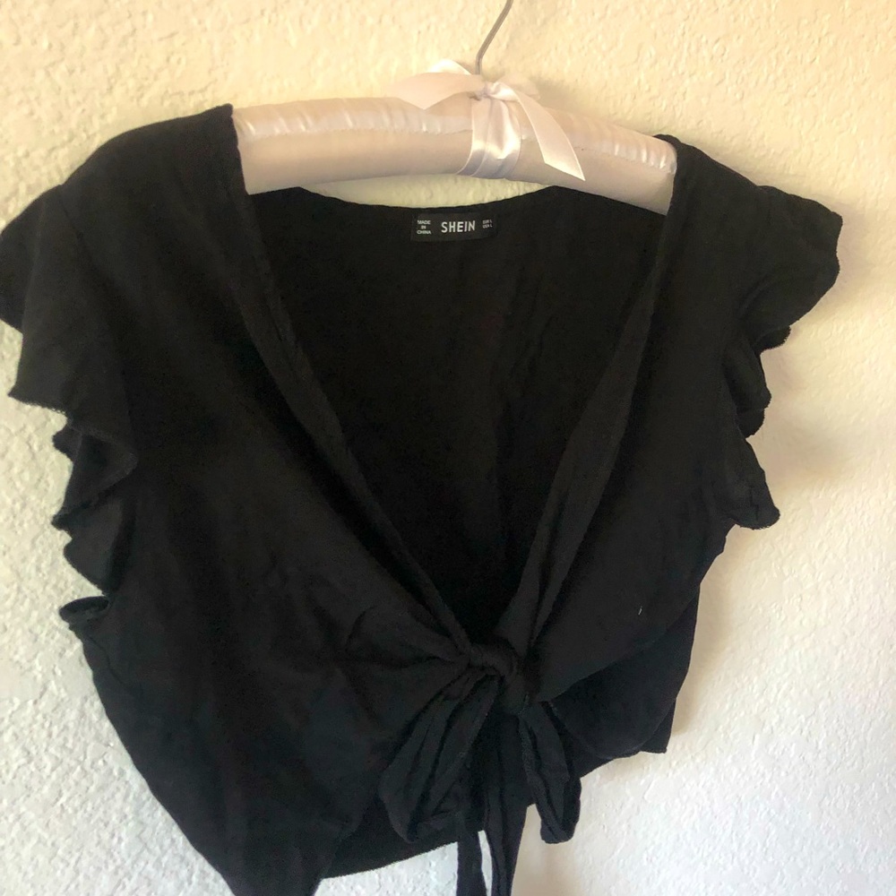 SHEIN Short Bell Sleeve Tie Front Chiffon Crop Kimono